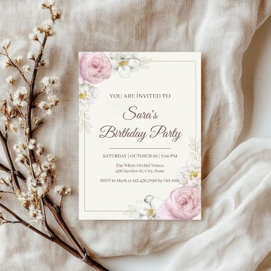 Elegant Floral Birthday Invitation Kaart