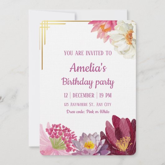 Elegant Floral Birthday Invitation with Gold Frame (Devant)