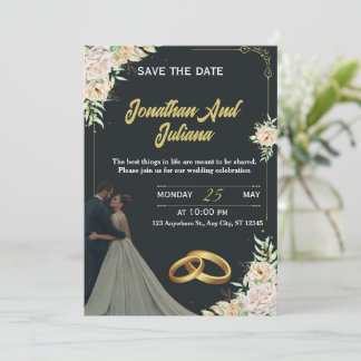 Elegant Floral Black Gold Custom Wedding Invite  Kaart
