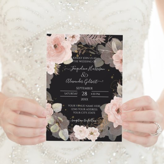 Elegant Floral Black Roos Gold Eucalyptus Leaf