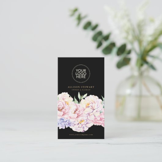 Elegant Floral Black Visitekaartje met QR-code (Staand voorkant)