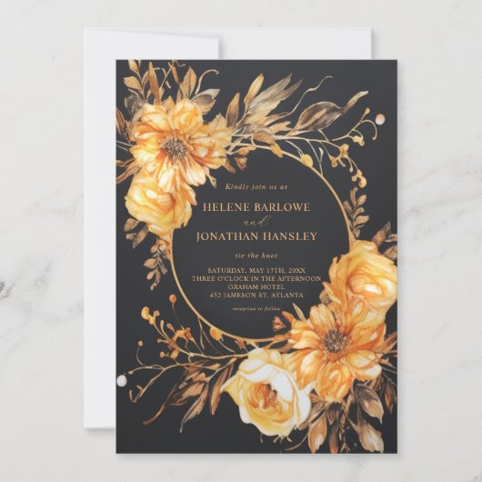 Elegant Floral Black Wedding Kaart (Voorkant)