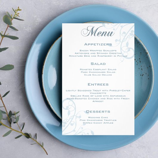 Elegant Floral Bleek Light Blue Wedding Menu Flyer