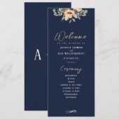 Élégant floral bleu foncé, programme de mariage (Devant / Derrière)