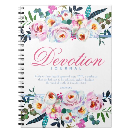 Élégant Floral Bleu Nommé Devotion Journal (Devant)