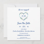 Elegant Floral Blue Heart 3 Foto's Verloving Save The Date (Achterkant)