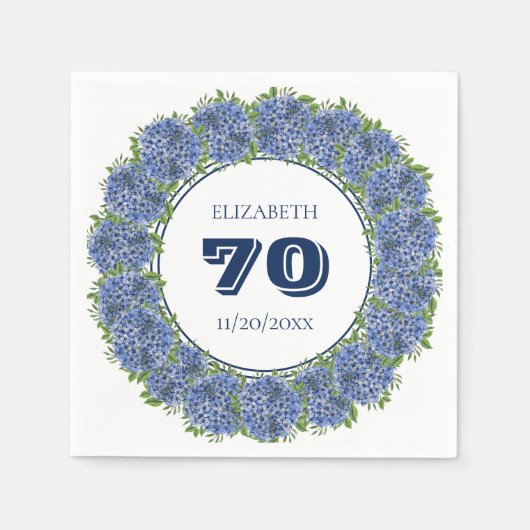 Elegant Floral Blue Hydrangeas 70th Birthday Party Servet (Voorkant)