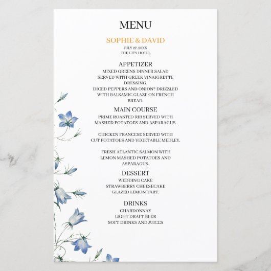 Elégant Floral Blue Mariage Budget Menu (Devant)