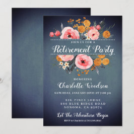 Elegant Floral Blue Retirement Party Invitation Kaart