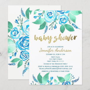 Elegant Floral Blue Roos Waterverf Baby shower Kaart