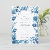 Elegant Floral Blue Wedding Kaart (Staand voorkant)