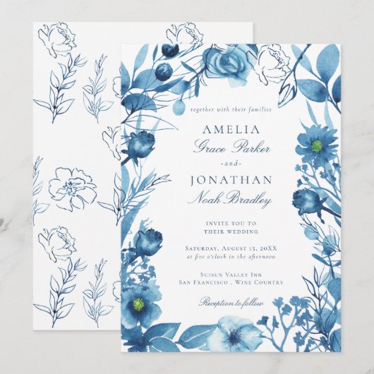 Elegant Floral Blue Wedding Kaart (Voorkant / Achterkant)