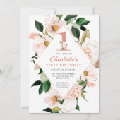 Elegant Floral Blush Pink First Birthday Kaart (Voorkant)