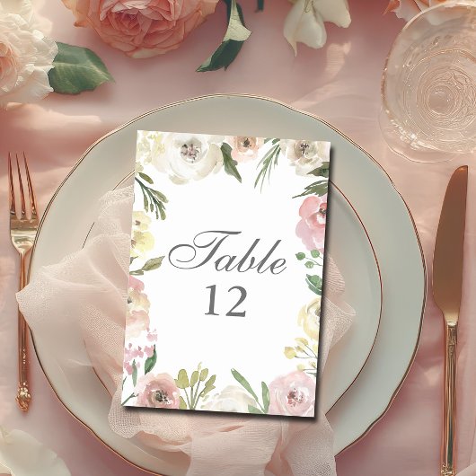 Elegant Floral Blush Pink Ivory Table Number Kaart