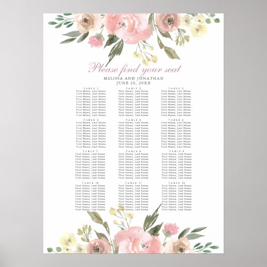 Elegant Floral Blush Pink Wedding Seating Chart Poster (Voorkant)
