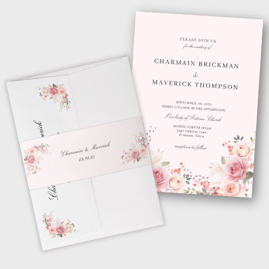 Elegant Floral Blush Pink Wedding Uitnodigingen Wikkel