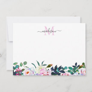 Elegant Floral Blush Pink White Peony Monogram Notitiekaartje
