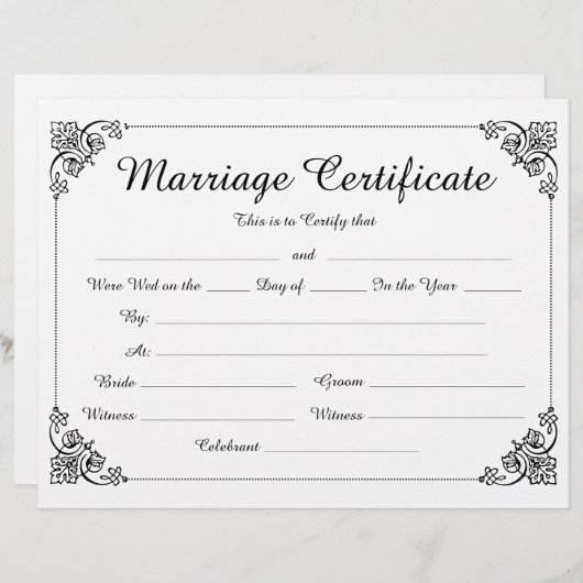 Elegant Floral Border Script Huwelijkscertificaat (Voorkant / Achterkant)