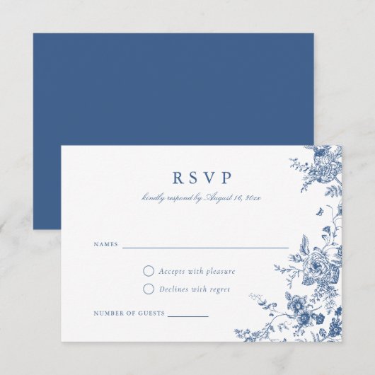 Elegant Floral Botanical Navy Blue RSVP Card Kaart (Voorkant / Achterkant)