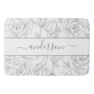 Elegant Floral Botanisch Wit Grijs Monogram Badmat