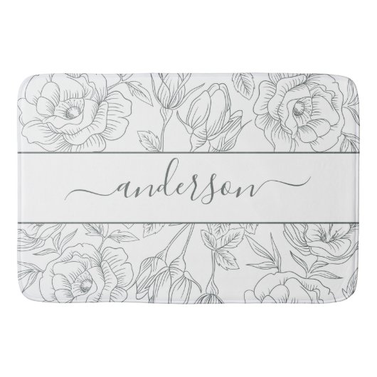 Elegant Floral Botanisch Wit Grijs Monogram Badmat (Voorkant)