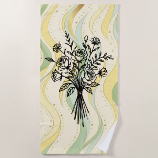 Elegant Floral Bouquet Line Art Strandlaken