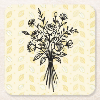 Elegant Floral Bouquet Line Art Vierkante Kartonnen Onderzetter