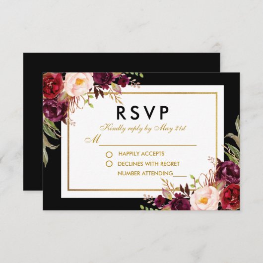 Elégant Floral Bourgogne Noir Noir Mariage RSVP (Devant / Derrière)