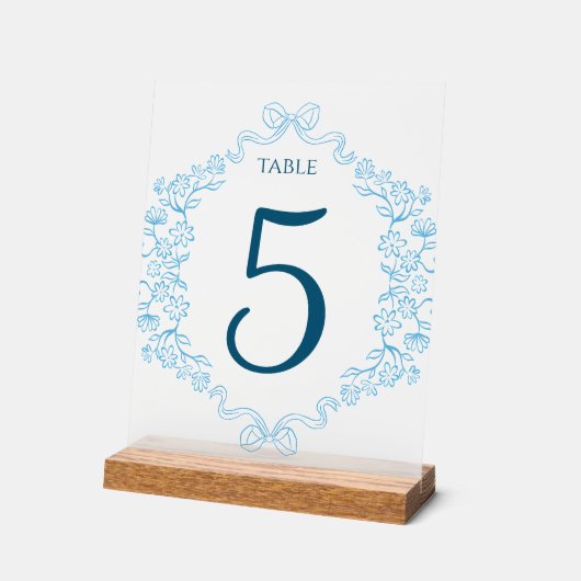 Elégant Floral & Bow Blue Mariage Numéro de table (Angle)