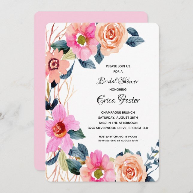 Elegant Floral Bridal Shower Invitations (Voorkant / Achterkant)