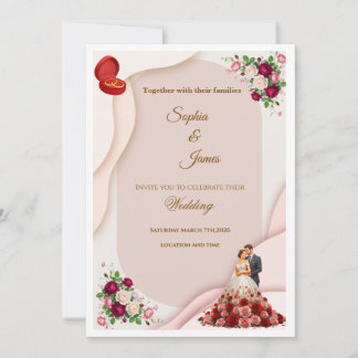 Elegant Floral Bride and Groom Wedding Invitation Kaart