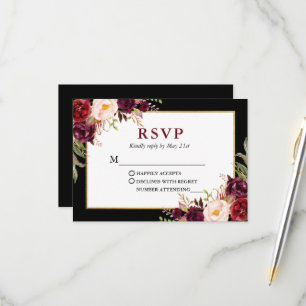 Elegant Floral Burgundy Black Gold Lijst Weddensch RSVP Kaartje