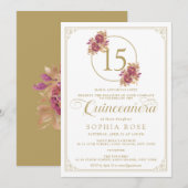 Elegant Floral Burgundy & Gold Quinceanera Kaart (Voorkant / Achterkant)