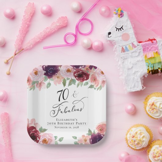 Elegant Floral Burgundy Pink 70e verjaardag Papieren Bordje (Feest)