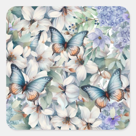 Elegant Floral & Butterflies Vierkante Sticker (Voorkant)