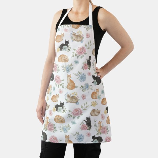 Elegant Floral Cat Print Apron Schort (Insitu)