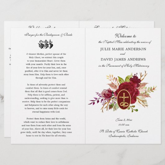 Élégant Floral Catholique Programme de mariage de  (Devant / Derrière)