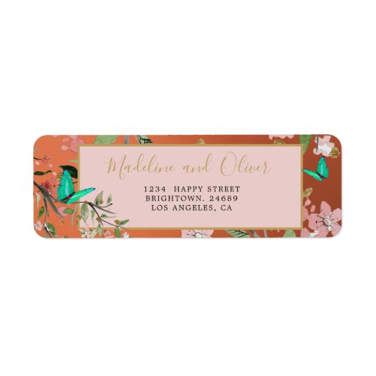 Elegant Floral Coral Pink Gold Chinoiserie Weddens Etiket (Voorkant)