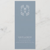 Elegant Floral Crest Monogram Stoffig Blauw Bruilo Menu (Achterkant)