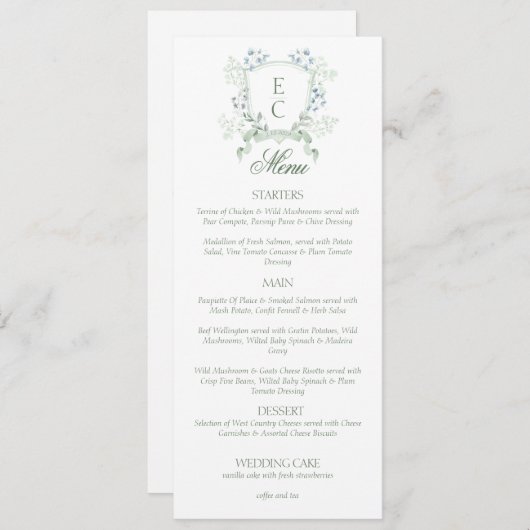 Elegant Floral Crest Monogram Weddenschap Menu (Voorkant / Achterkant)