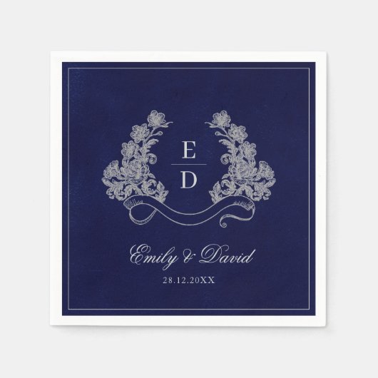 Elegant Floral Crest Navy Monogram Paper Napkin Servet (Voorkant)