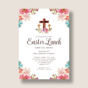 Elegant Floral Cross Easter Lunch Kaart