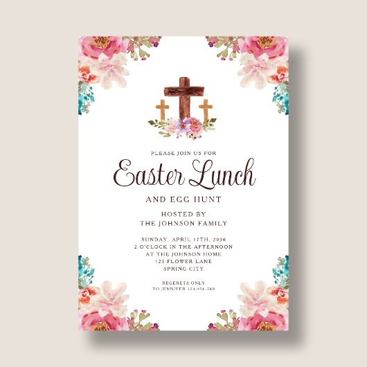 Elegant Floral Cross Easter Lunch Kaart