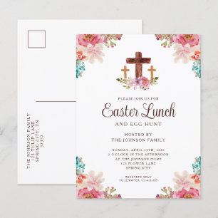Elegant Floral Cross Easter Lunch Uitnodiging Briefkaart