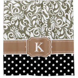 Elegant Floral Damask Polka Dots Tan Monogram Douchegordijn