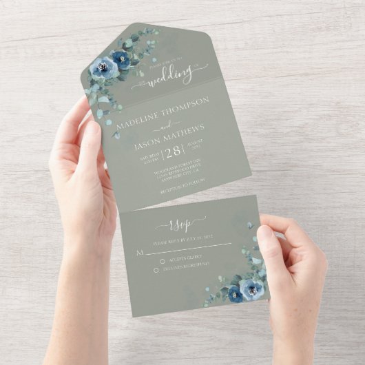Elegant Floral Dusty Blue Plain Sage Green Wedding All In One Uitnodiging (Afscheurbaar)