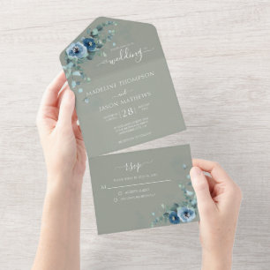Elegant Floral Dusty Blue Plain Sage Green Wedding All In One Uitnodiging
