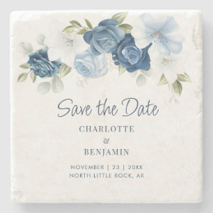 Elegant Floral Dusty Blue Save the Date Keepslag Stenen Onderzetter