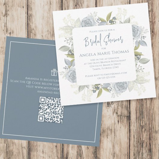 Elegant Floral Dusty Blue Vrijgezellenfeest QR Cod Kaart