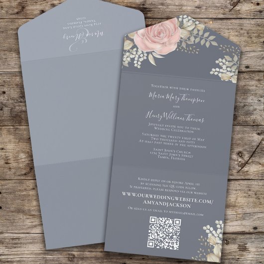 Elegant Floral Dusty Blue Wedding All In One Uitnodiging